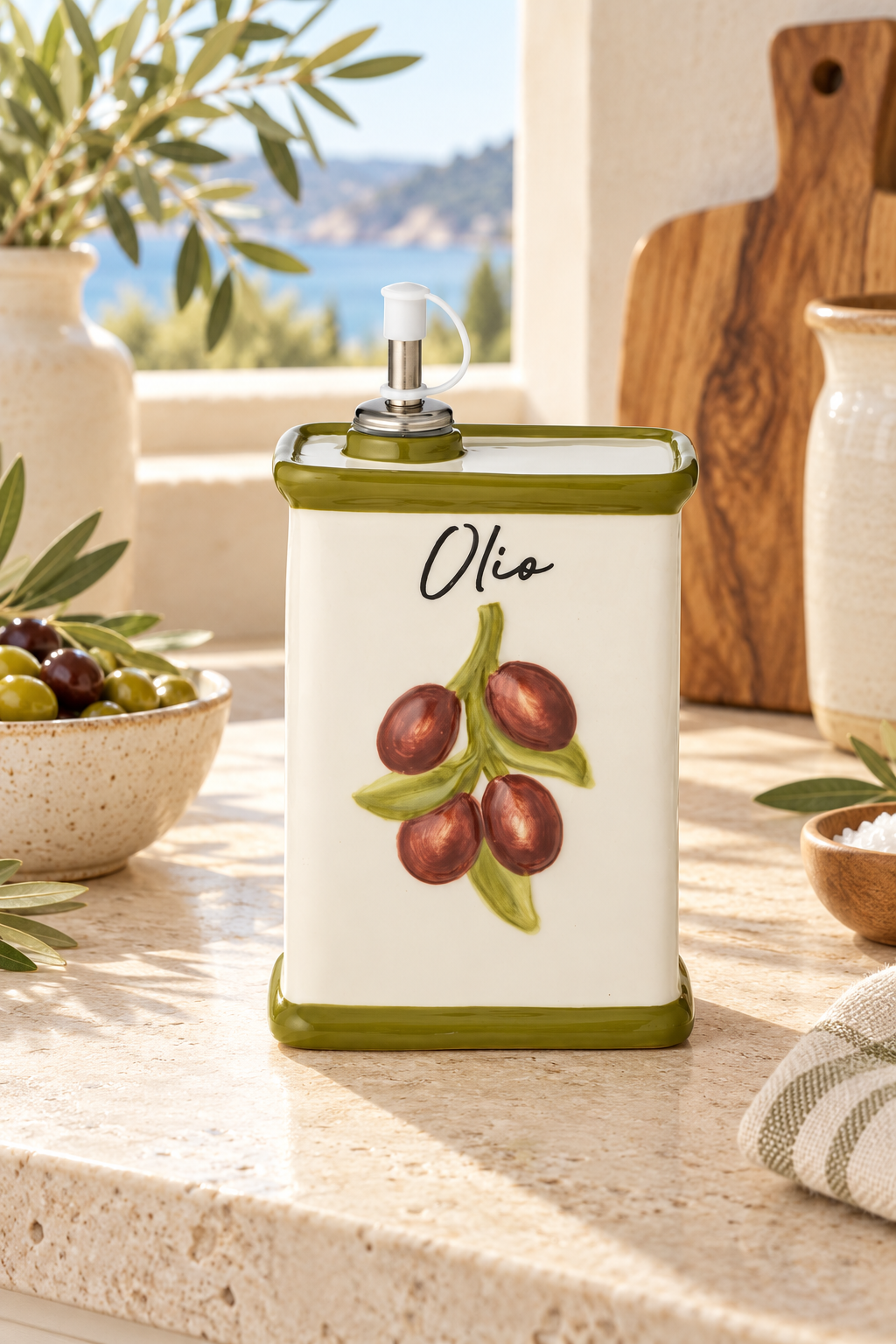 Uva Ceramic Oil Bottle styled in a sunlit coastal home; Coast to Coast KW3413