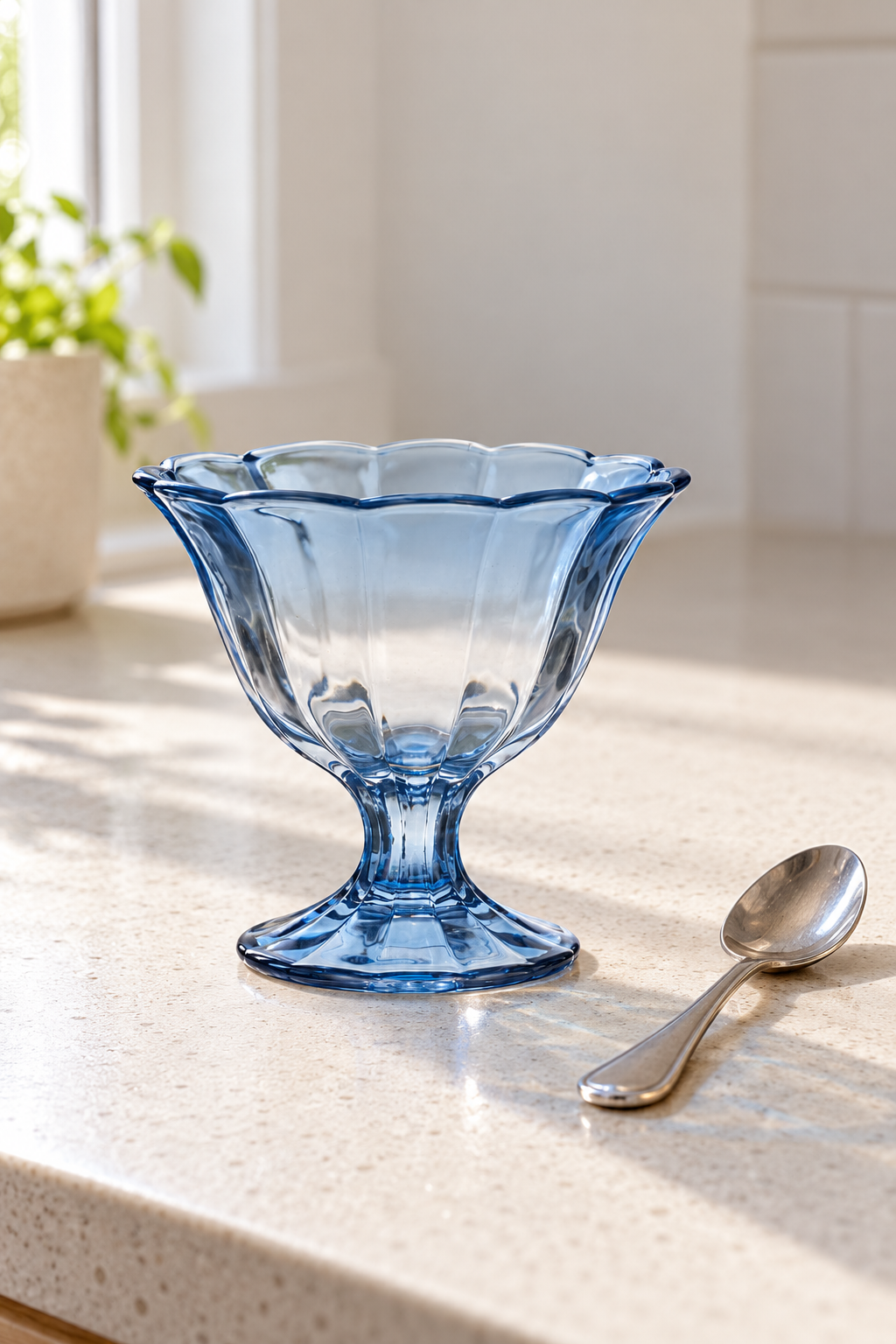 Abby Footed Glass Bowl - Blue on a pale kitchen bench beside a teaspoon, showing translucent glass; Coast to Coast TW1116