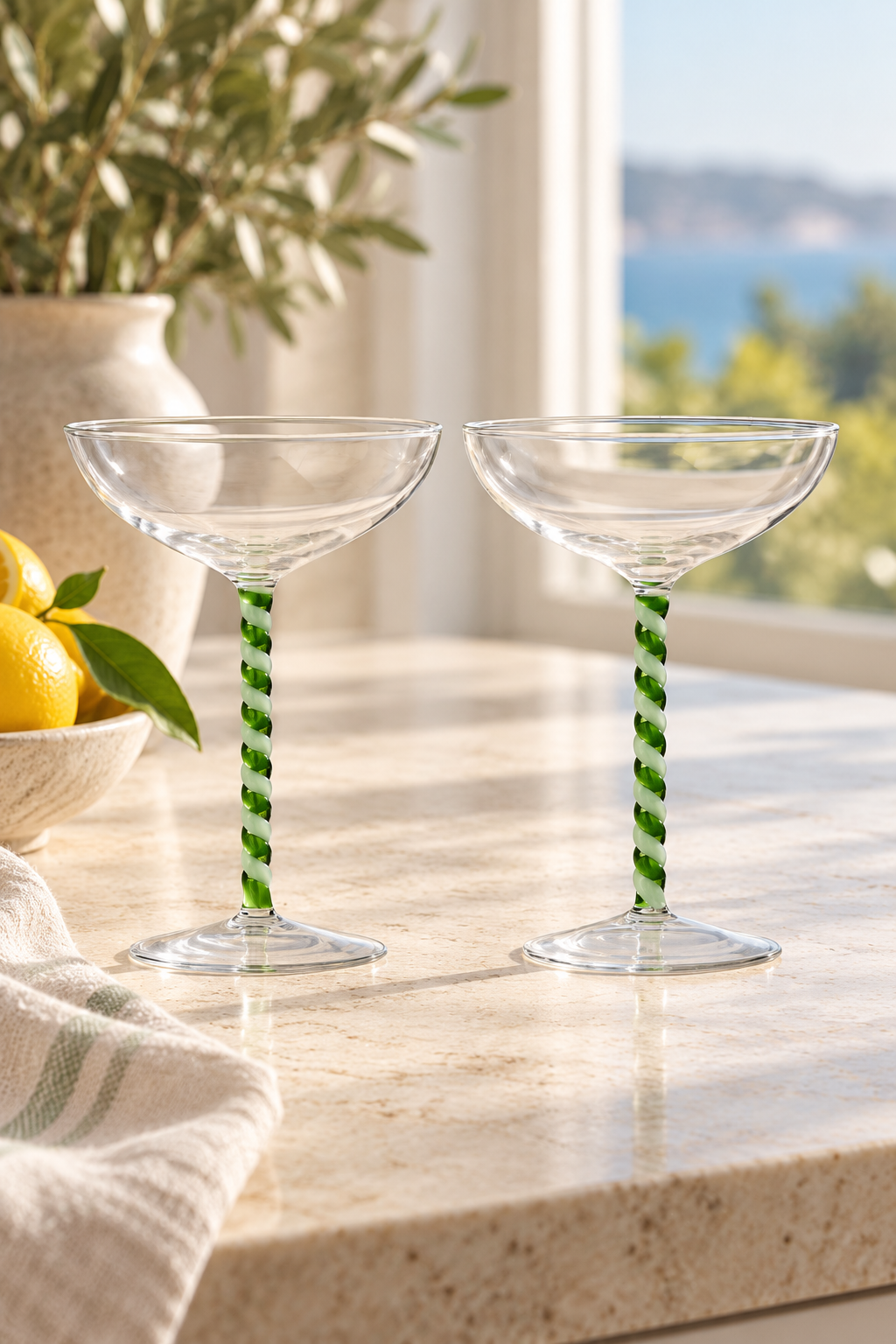 Swirl Coupe Glasses - Green and White, Set of 2 styled in a sunlit coastal home; Coast to Coast TW1181