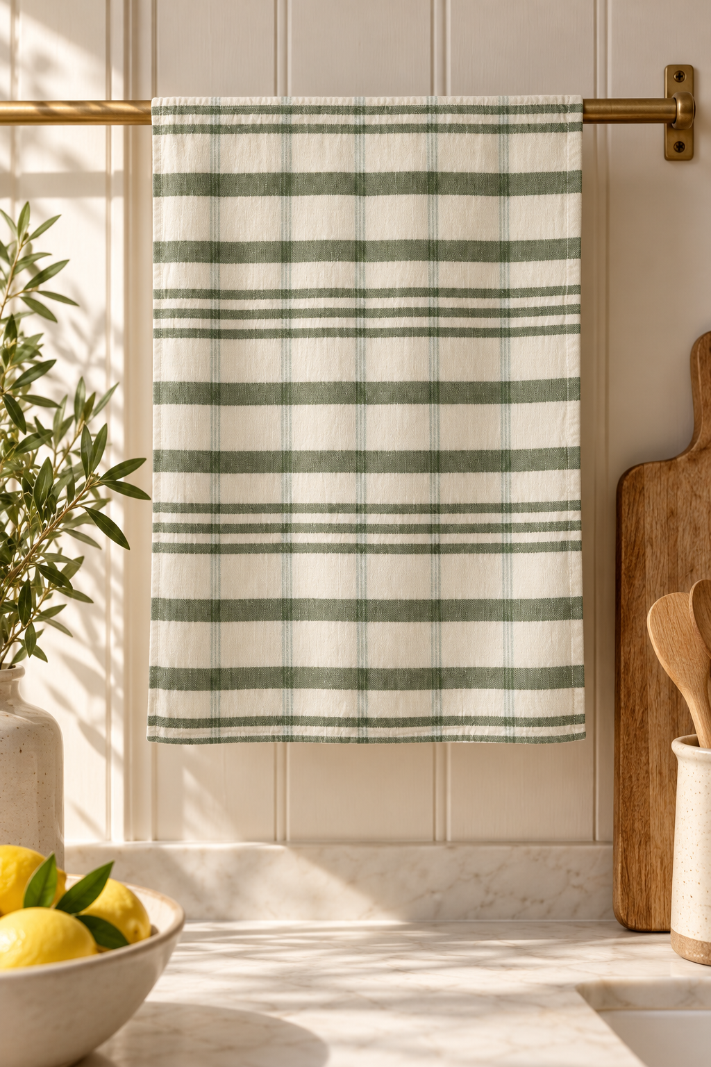 Kit recycled cotton olive-striped tea towel styled in a coastal kitchen; Coast to Coast HH1298-O