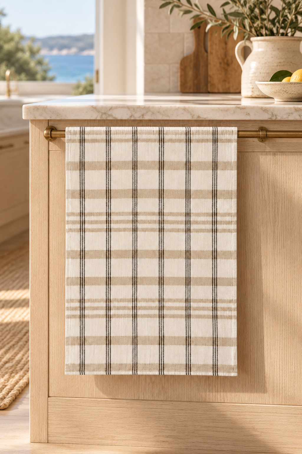 Kit Recycled Cotton Tea Towels - Tan Check styled in a sunlit coastal home; Coast to Coast HH1297-T