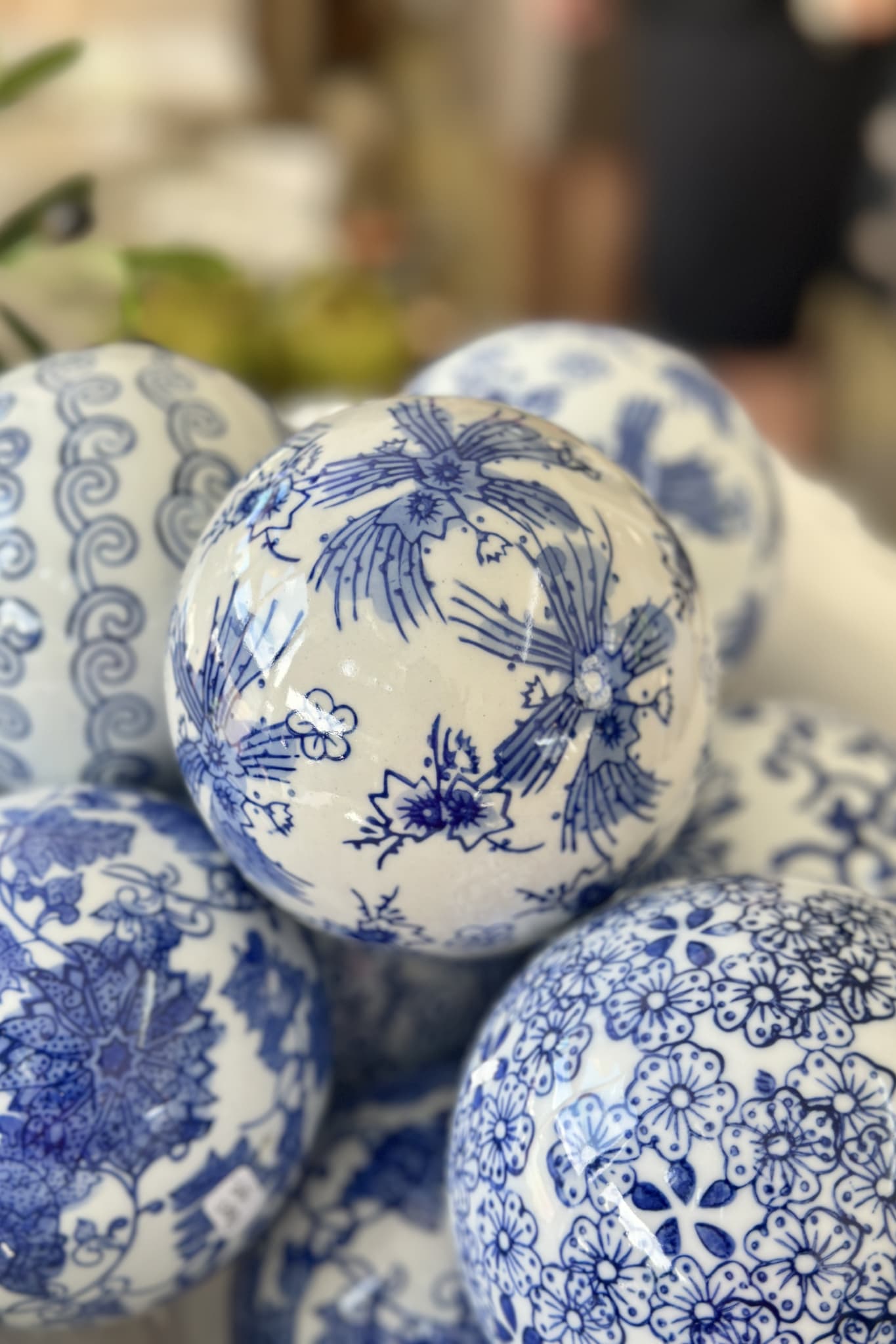 Ceramic Ball Blue/ White 10cm - Palms - Magpie Style