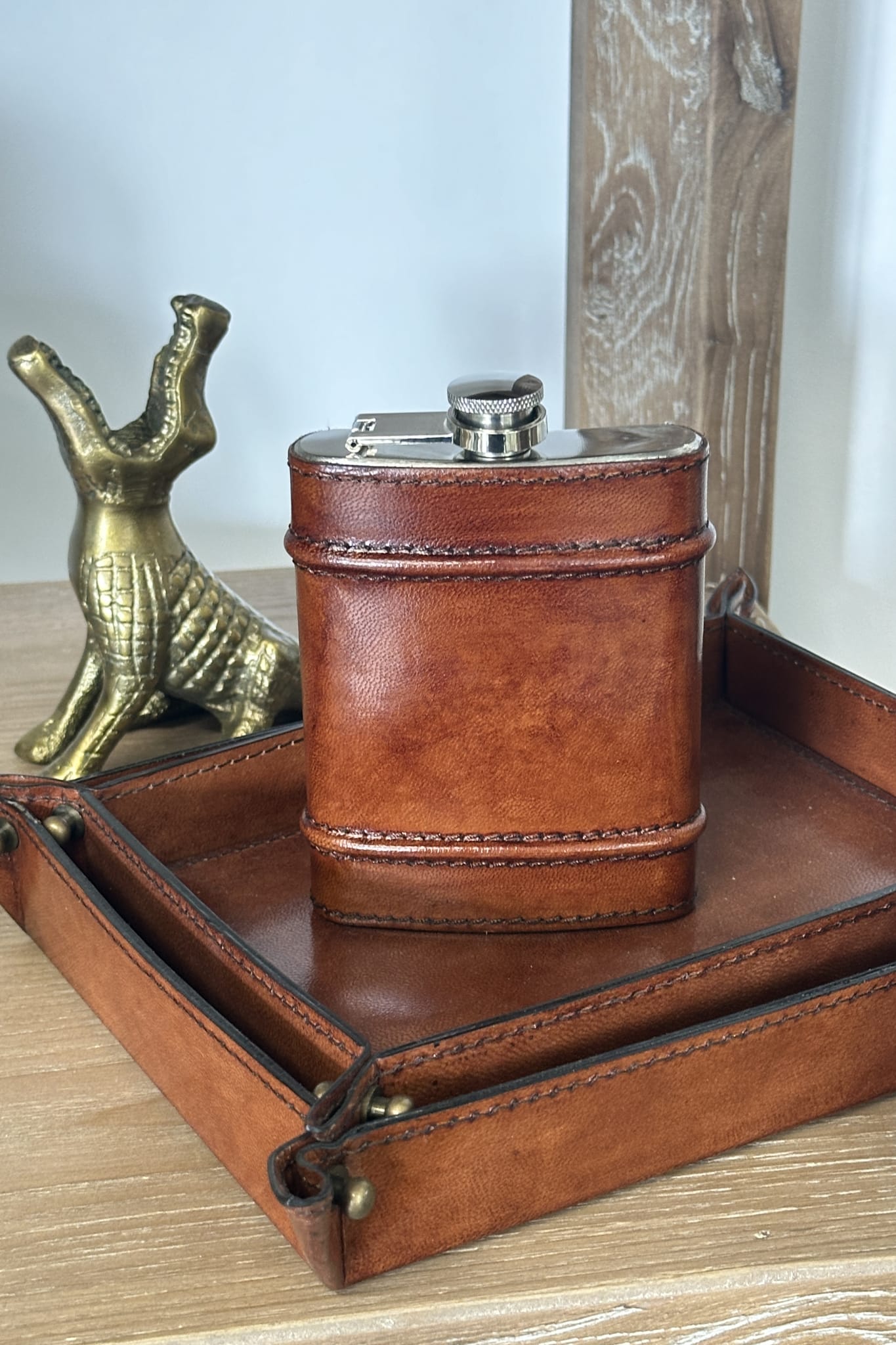 Leather Hip Flask with Ridges - Tan - Magpie Style