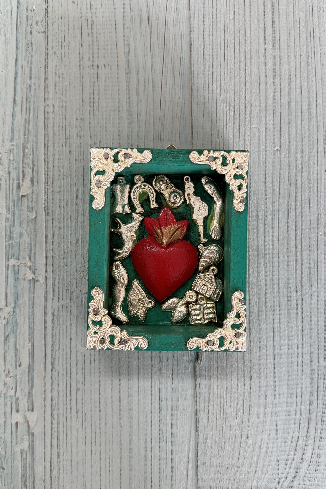 Framed Turquoise Heart with Milagros - Magpie Style