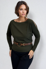PAULA RYAN Cold Shoulder Batwing Top Merino - Khaki