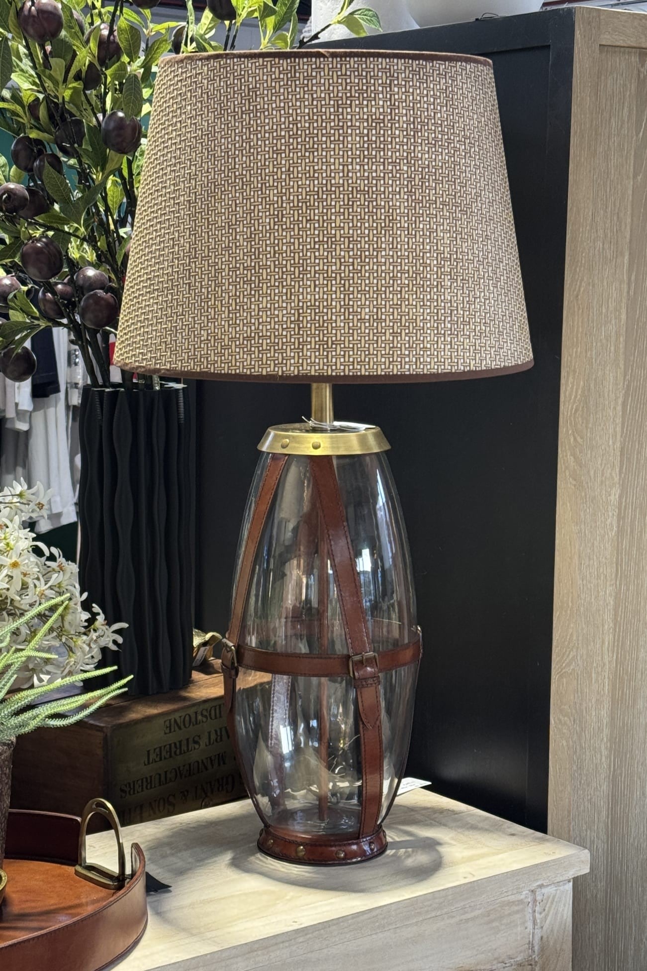 Hertfordshire Glass Lamp with Tan Leather Straps - Magpie Style