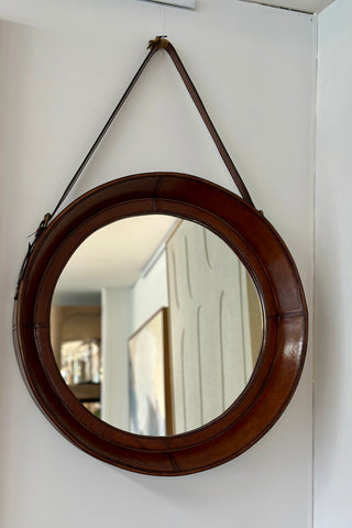 Round Tan Leather Mirror