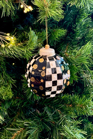 Checkered & Dotted Bauble - Black & Gold