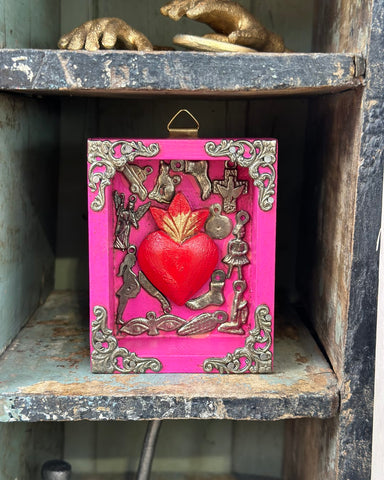 Framed Pink Heart with Milagros