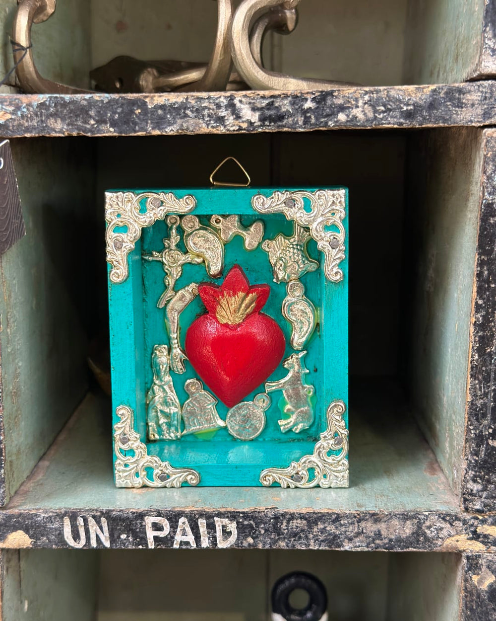 Framed Turquoise Heart with Milagros