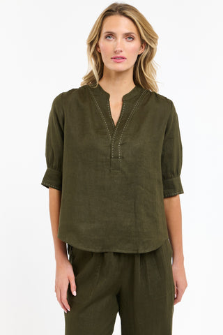 365 DAYS Bradley Linen Stitch Top - Khaki