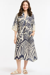 URBAN LUXURY Printed Linen Dress - Beige & Blue
