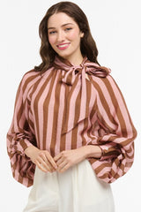 URBAN LUXURY Striped Bow Neck Blouse - Brown