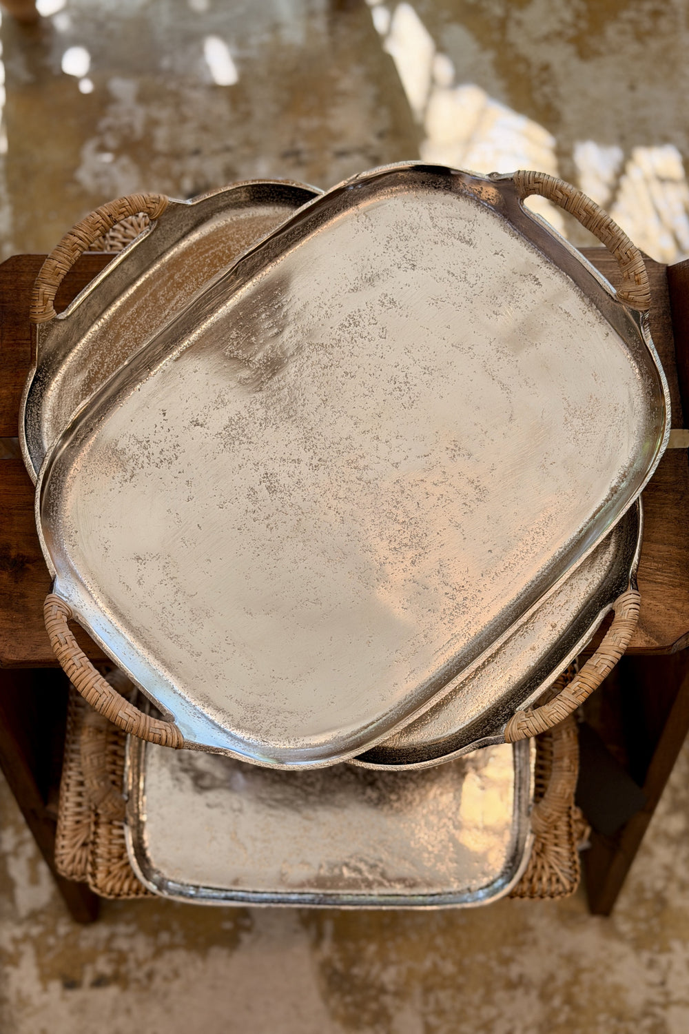 Nickel Plated Aluminium Tray with Natural Rattan Handles - Large