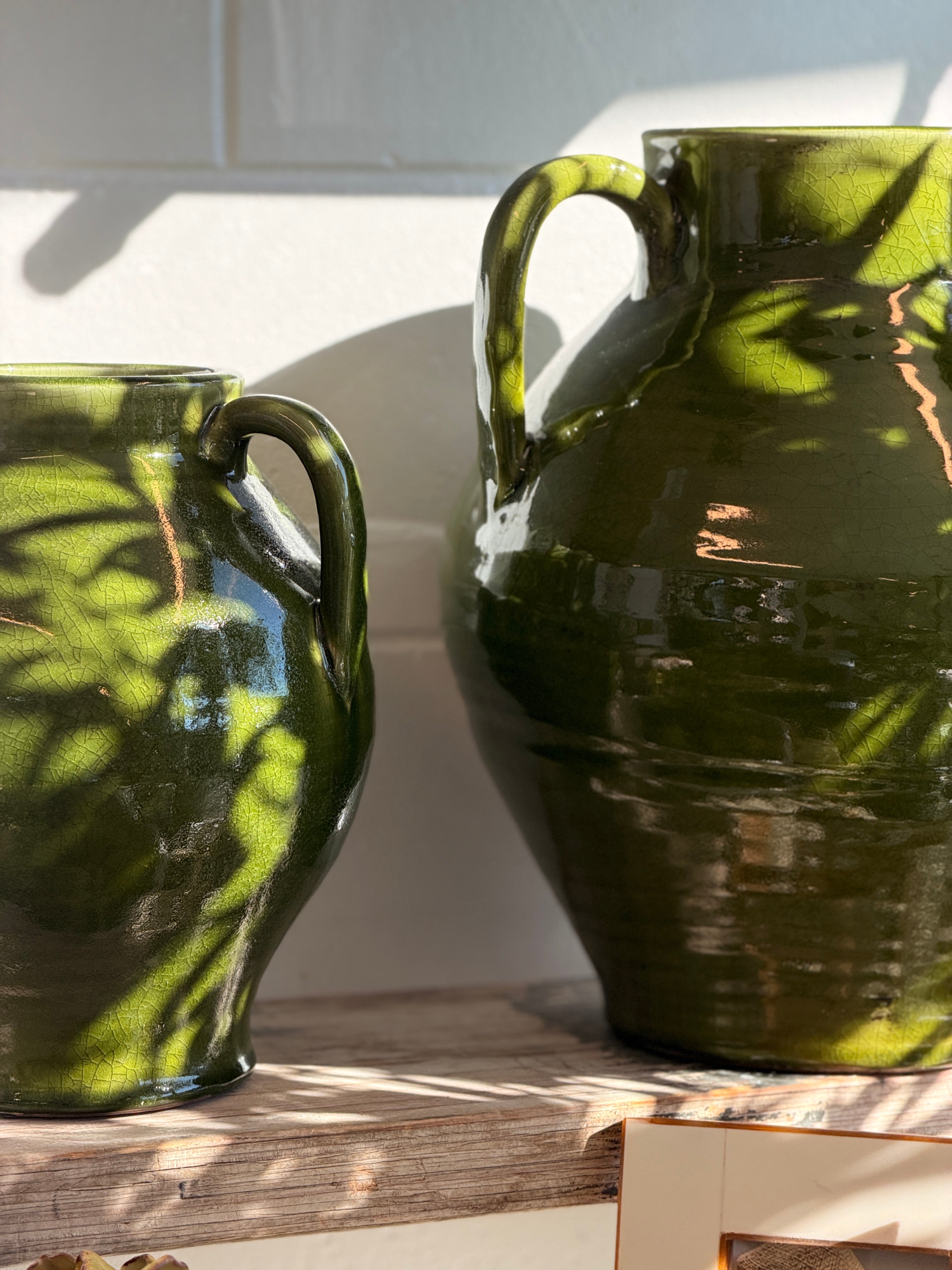 Olive Green Twin Handle Vase - Large - Magpie Style