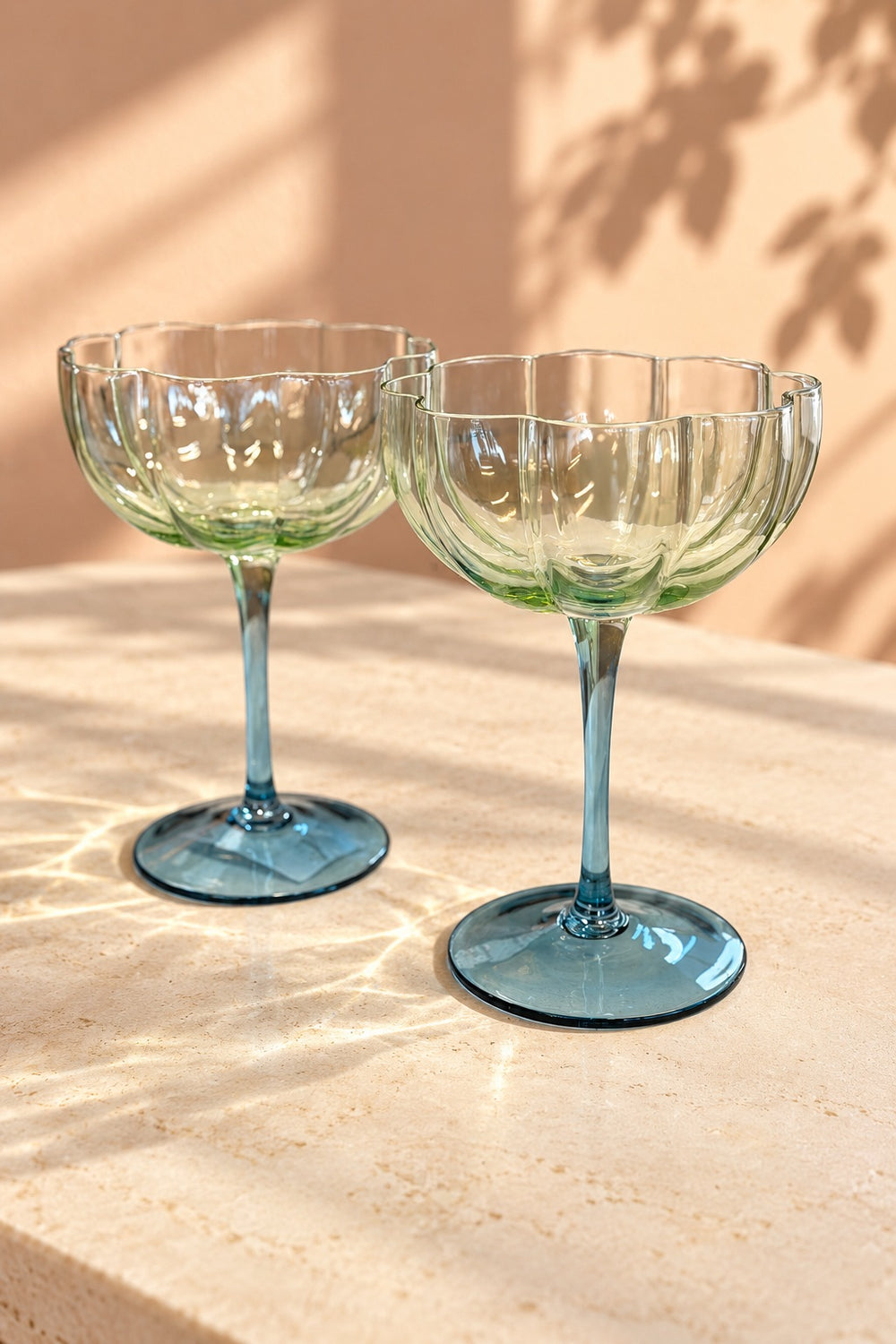 Green Blue Ribbed Coupe Glass s/2