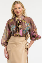 URBAN LUXURY Bow Neck Blouse - Chocolate