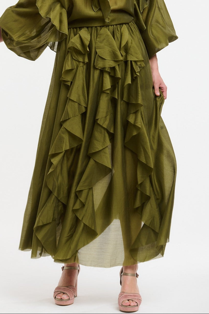 URBAN LUXURY Ruffled Maxi Skirt - Olive