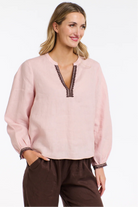 365 DAYS Anika Embroidered Linen Top - Dusty Pink/Choc - Magpie Style