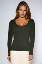 PAULA RYAN Easy Fit Scoop Neck Top - Khaki Merino - Paula Ryan