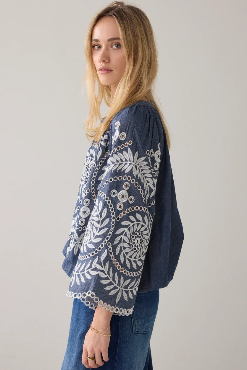 SUMMUM Chambray Embroidered Top - Indigo