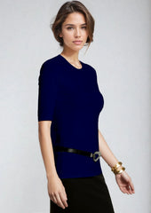 PAULA RYAN Slim Fit Half Sleeve Crew Neck - Merino Navy