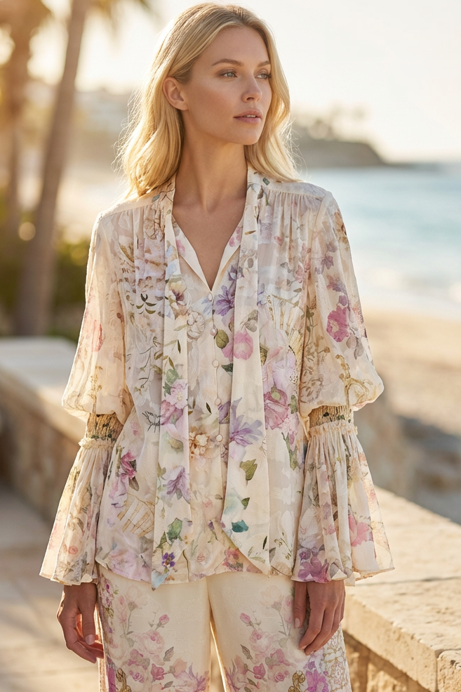 CAMILLA Elastic Sleeve Tie Front Blouse - Adorned In Aranjuez - Magpie Style