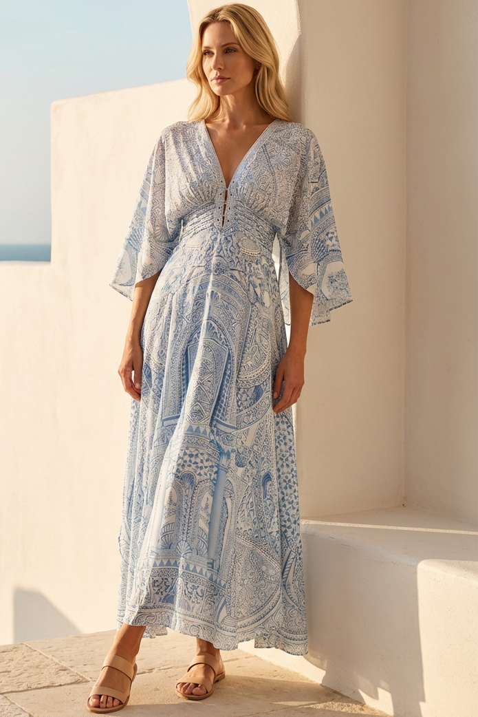 CAMILLA V Neck Lace Up Detail Long Dress - The Hum Of The Alhambra - Magpie Style