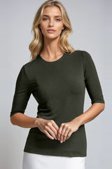PAULA RYAN Slim Fit Half Sleeve Crew Neck - Khaki Merino