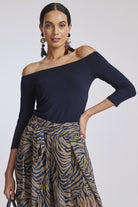 PAULA RYAN Off Shoulder 3/4 Sleeve Top - Navy - Micromodal - Paula Ryan