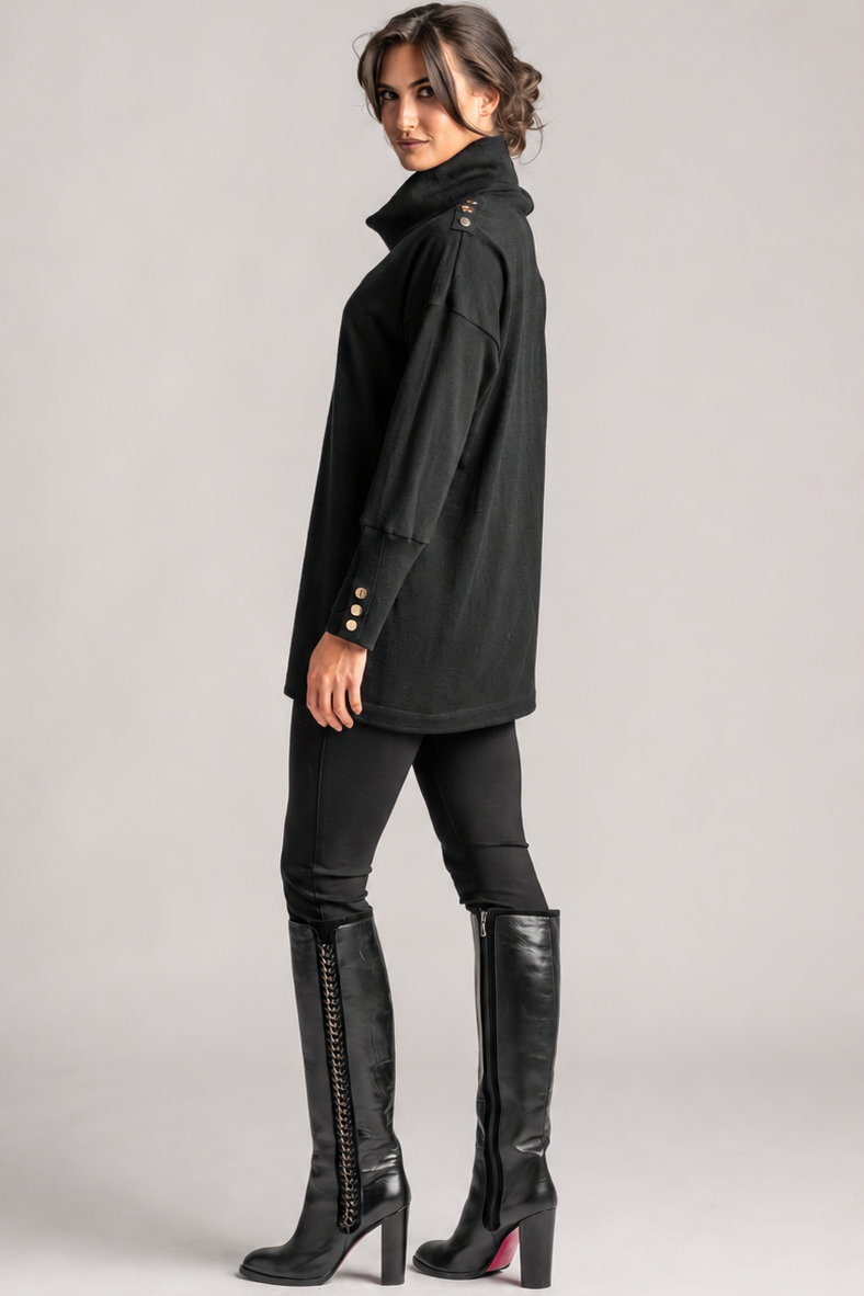PAULA RYAN Gold Studded Roll Neck Tunic - Black Merino - Paula Ryan