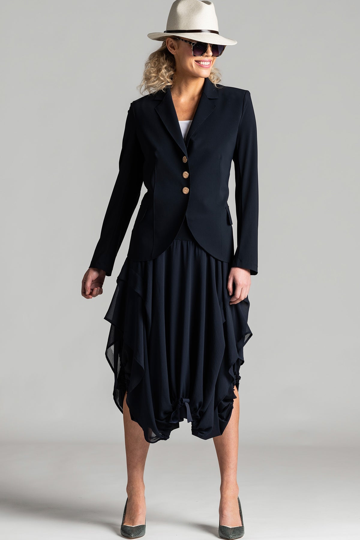 PAULA RYAN Classic Waisted Jacket - Navy - Bonded Microjersey - Paula Ryan