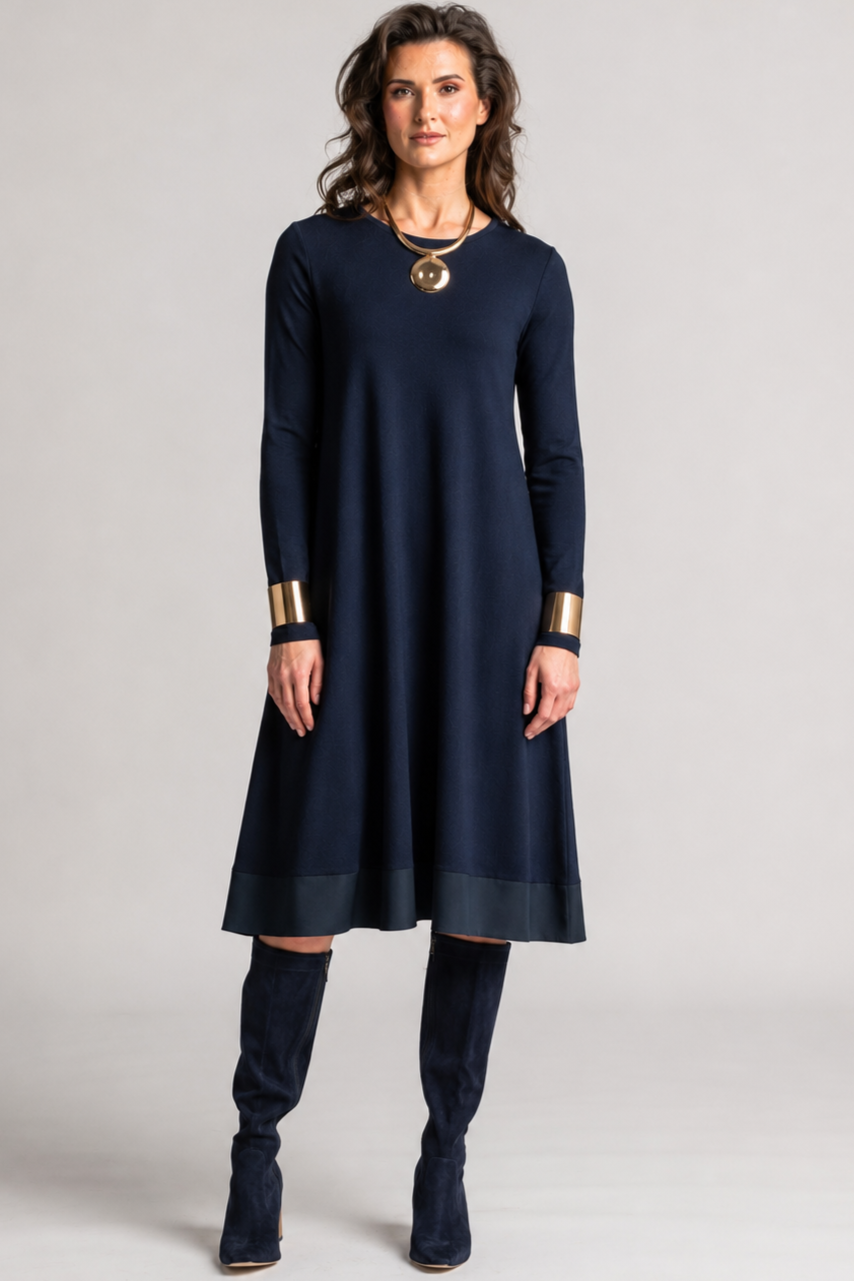 PAULA RYAN Banded Dinner Dress - Navy Merino