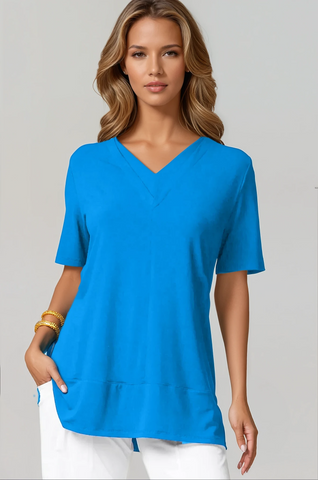 PAULA RYAN Double V Neck Top – Micromodal Tahitian Blue