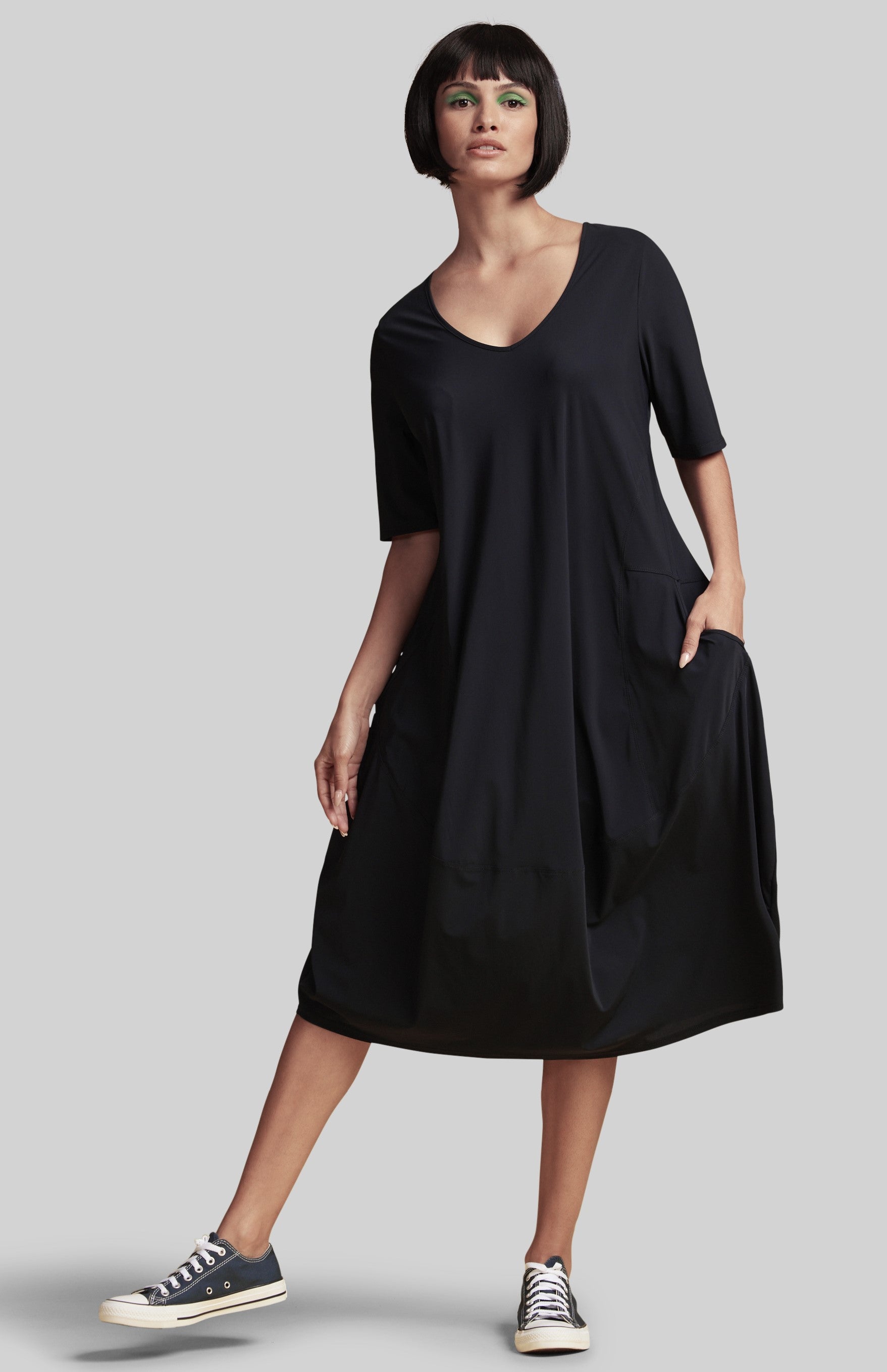 PAULA RYAN Scoop V 1/2 Sleeve Tulip Dress - Black - Microjersey - Paula Ryan