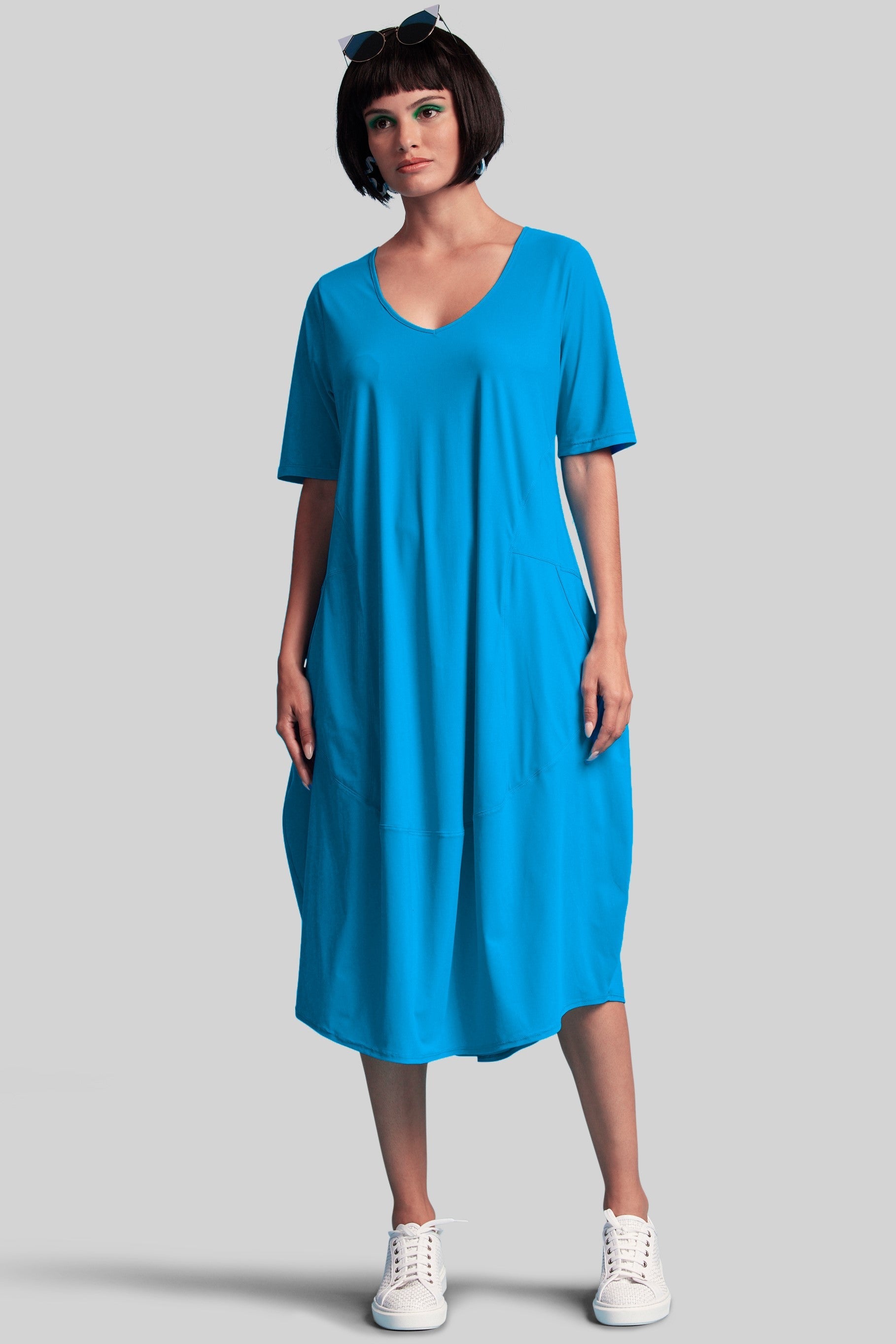 PAULA RYAN Scoop V Half Sleeve Tulip Dress - Teal Blue