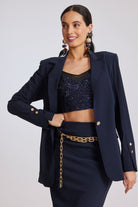 PAULA RYAN Long-line Boyfriend Jacket - Microjersey Navy - Paula Ryan