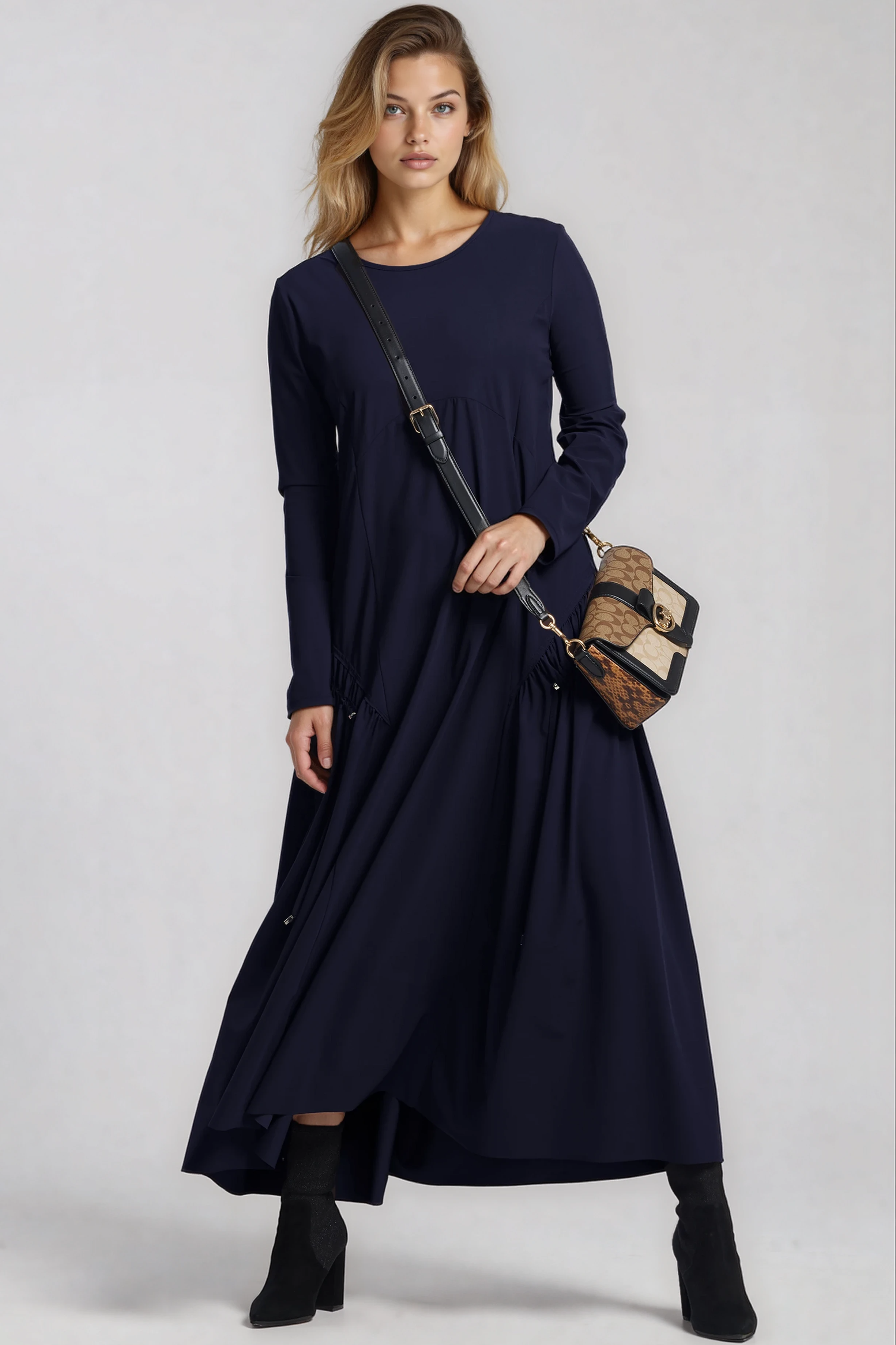 PAULA RYAN Long Sleeve Arched Front Dress - Navy - Paula Ryan