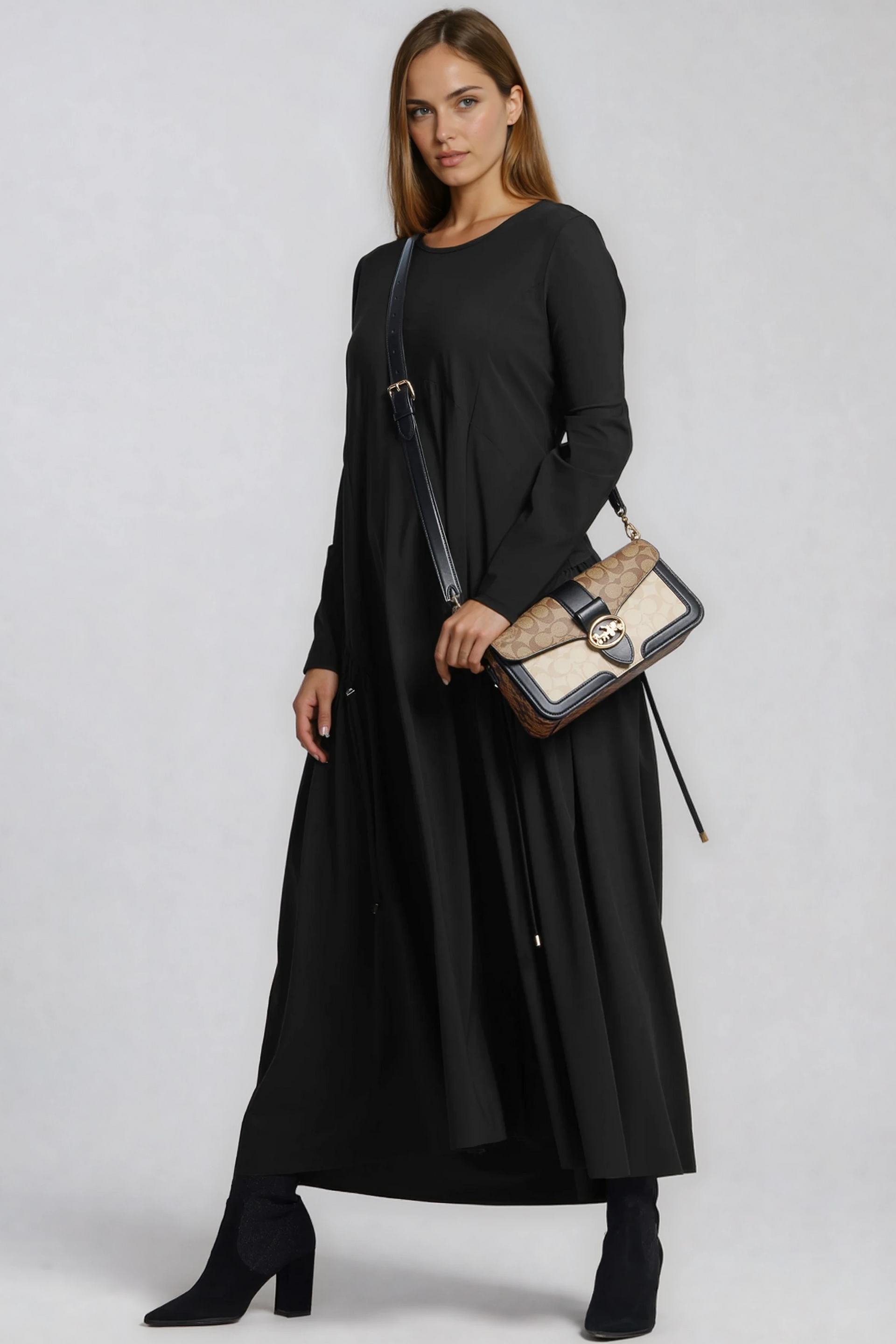 chinese dress ladies spin long sleeve ponte dress / black|black main image 0