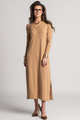 PAULA RYAN V Neck Sheath Dress - Camel Merino
