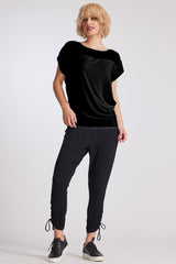 PAULA RYAN Chiffon Yoke Cuffed Top - Black - Microjersey