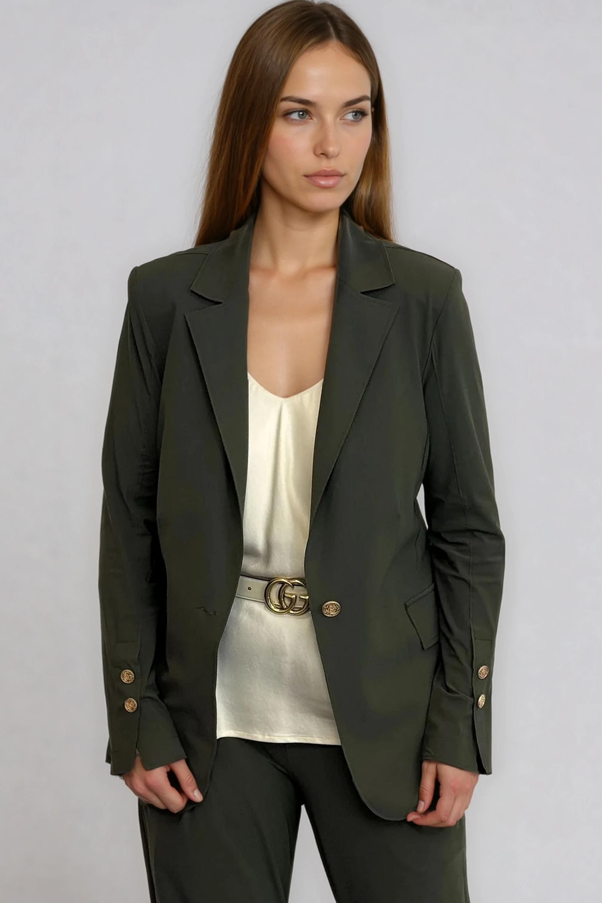 PAULA RYAN Long-line Boyfriend Jacket - Microjersey Khaki - Paula Ryan