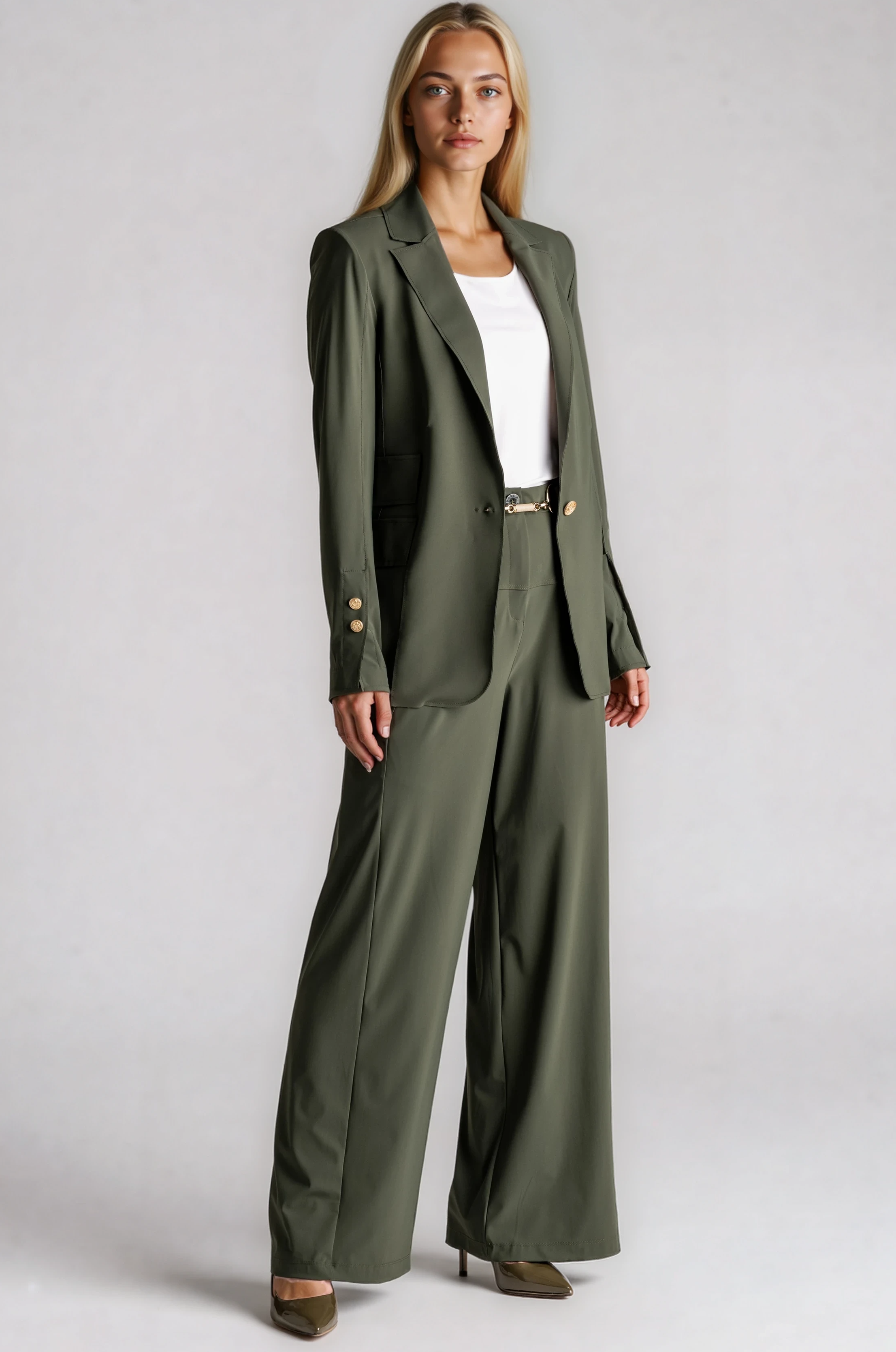 PAULA RYAN Long-line Boyfriend Jacket - Microjersey Khaki - Paula Ryan