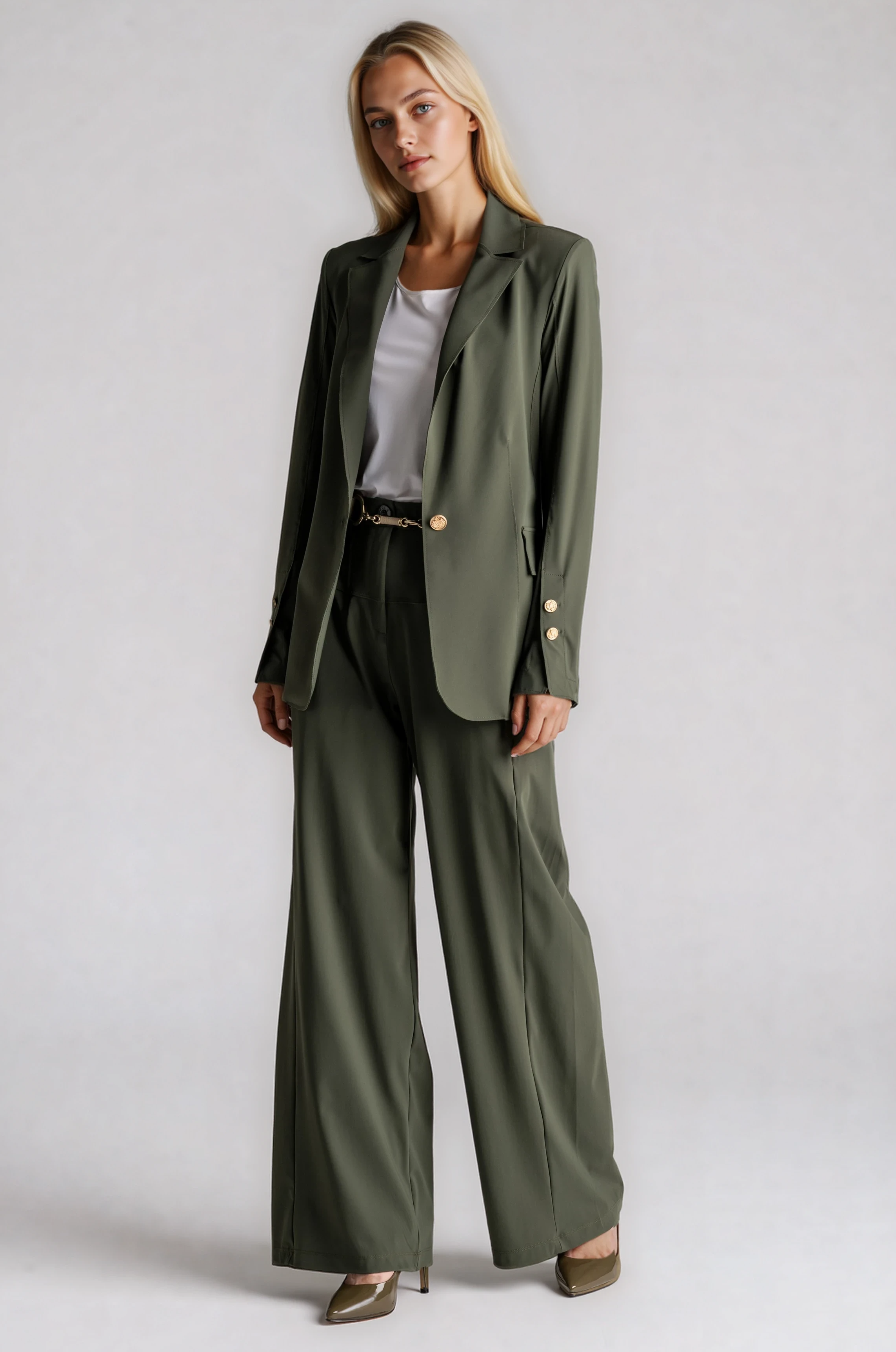 PAULA RYAN Long-line Boyfriend Jacket - Microjersey Khaki - Paula Ryan