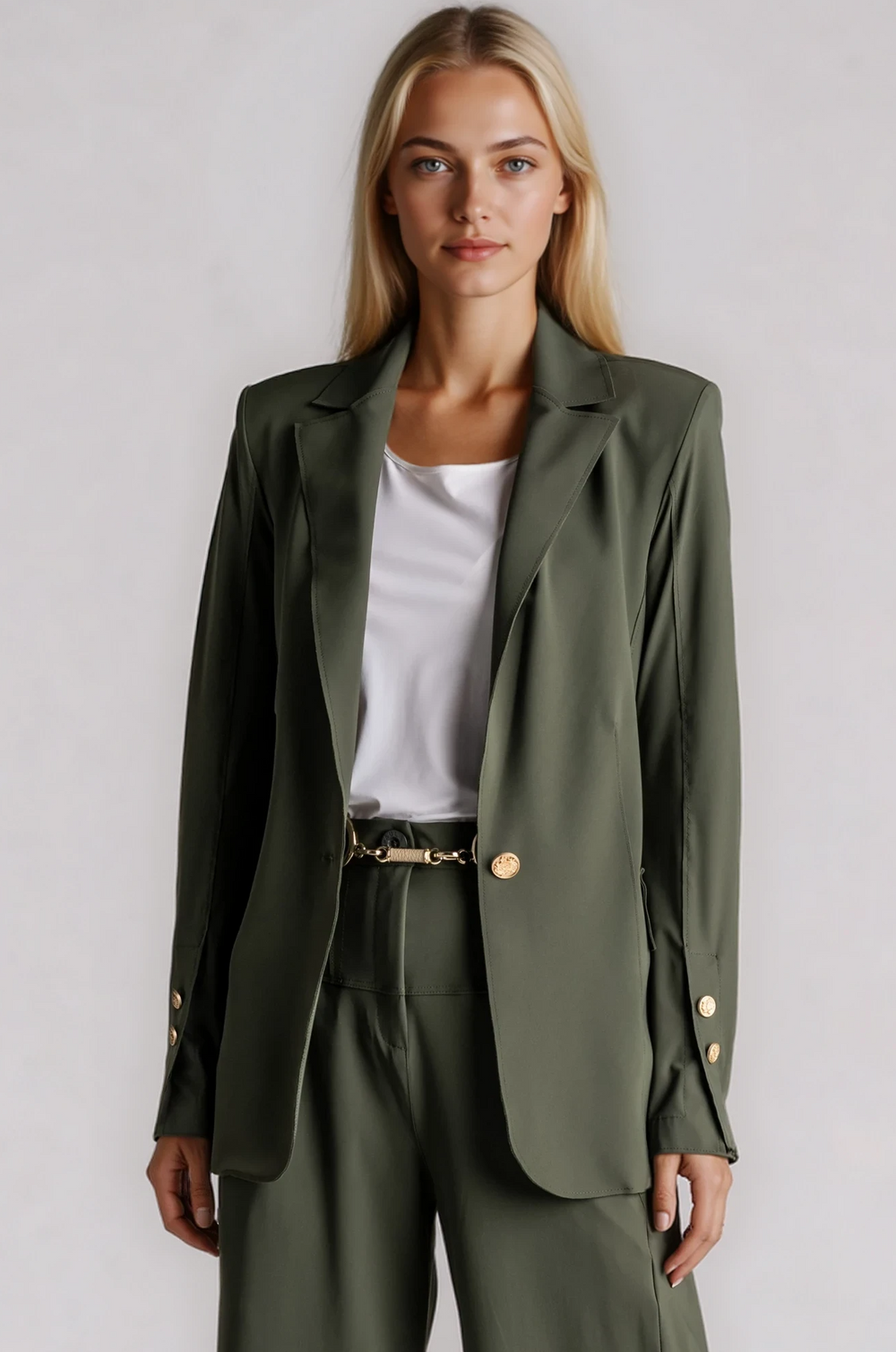 PAULA RYAN Long-line Boyfriend Jacket - Microjersey Khaki