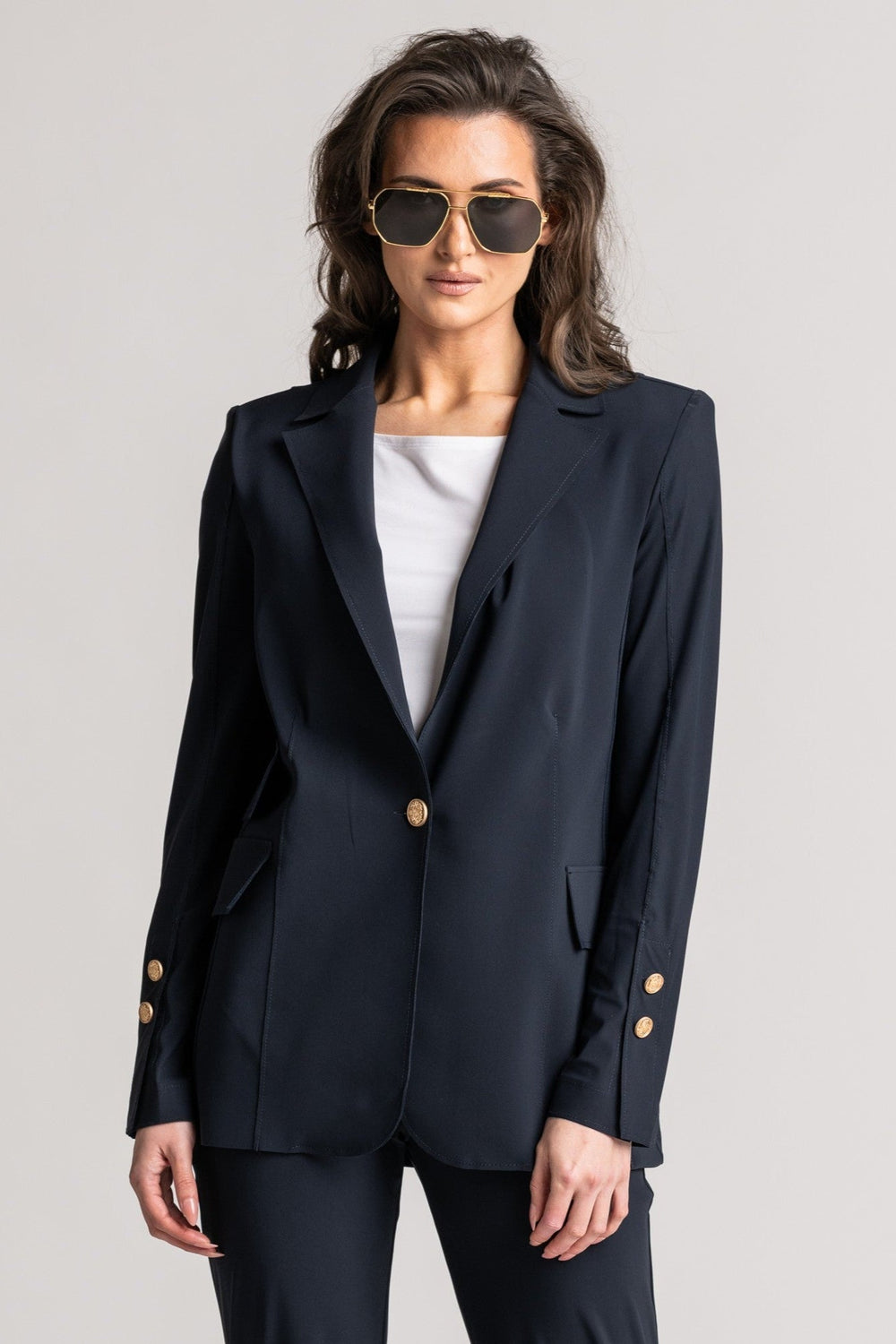 PAULA RYAN Long-line Boyfriend Jacket - Microjersey Navy