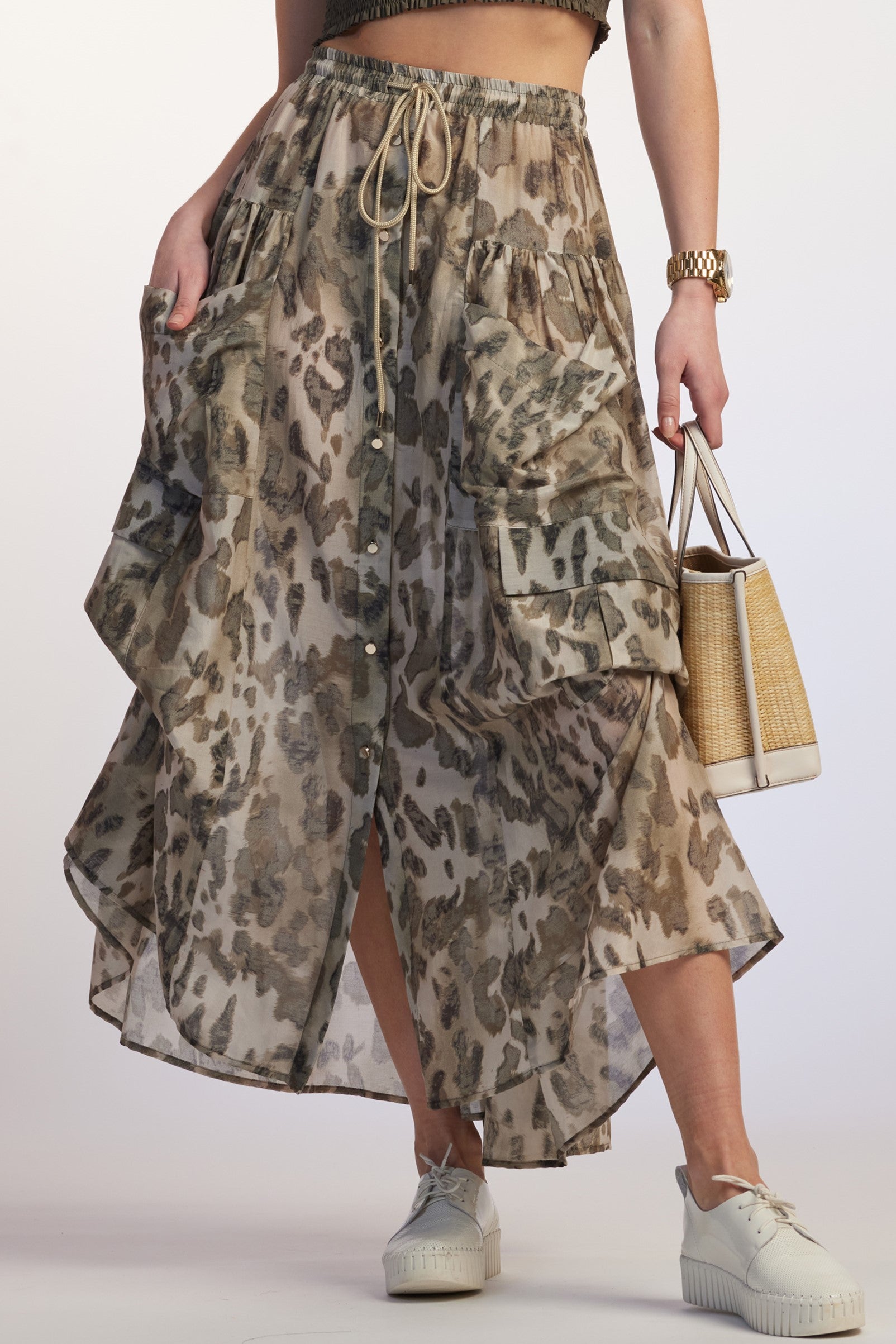 PAULA RYAN RELAXED Button Front Pocket Skirt - Cheetah - Paula Ryan