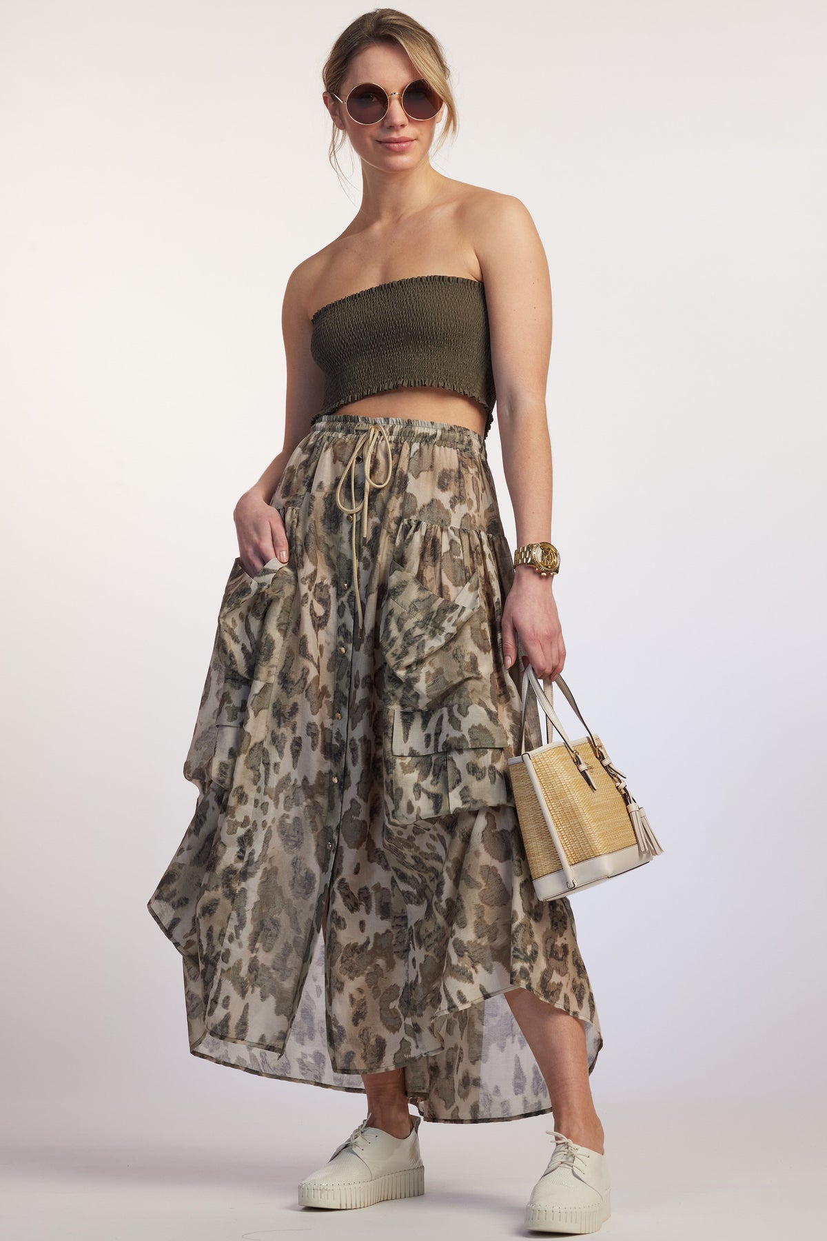 PAULA RYAN RELAXED Button Front Pocket Skirt - Cheetah - Paula Ryan