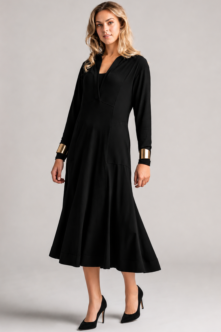 PAULA RYAN V-Neck Collared Dress - Black Merino/Microjersey