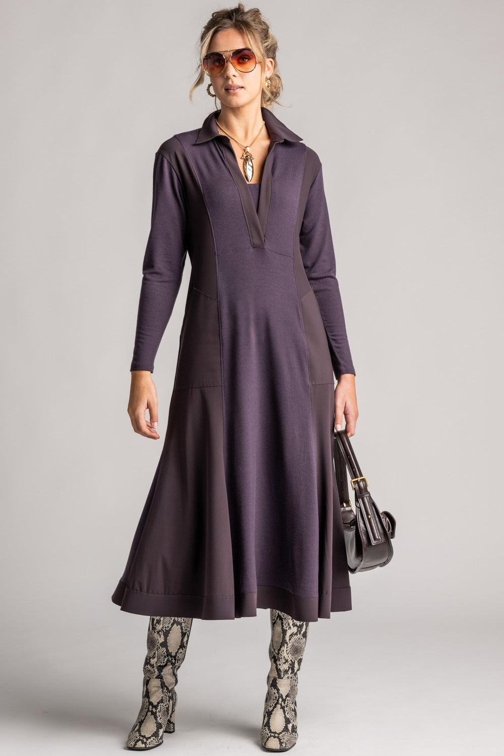 PAULA RYAN V-Neck Collared Dress - Cocoa Plum Merino/Microjersey
